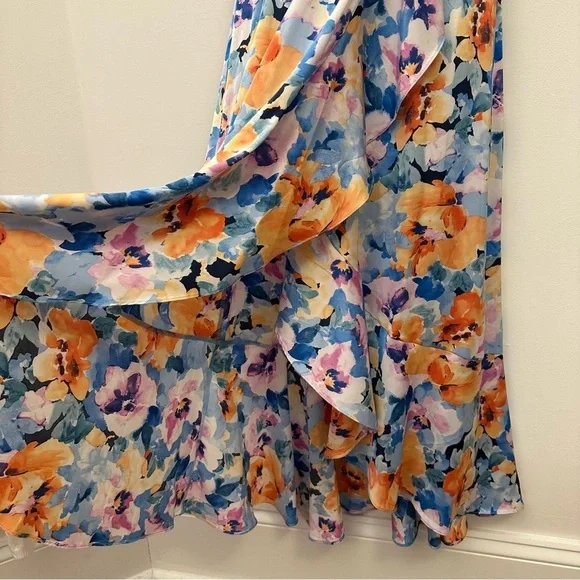 Nicole Miller Blue and Orange Floral Ruffle Front Tiered Maxi Dress size S - Picture 7 of 10